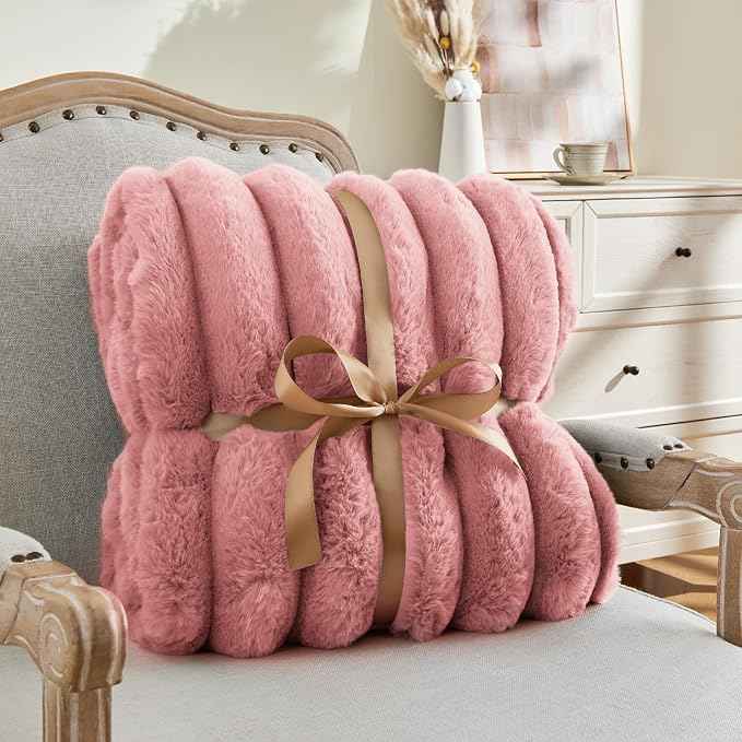 BEDELITE Faux Fur Throw Blanket for Couch, Soft and Cozy Luxurious 3D Striped Fluffy Blanket, 770GSM Thick Warm Plush Fuzzy Faux Rabbit Fur Blanket for Women Gift (Pink, 60