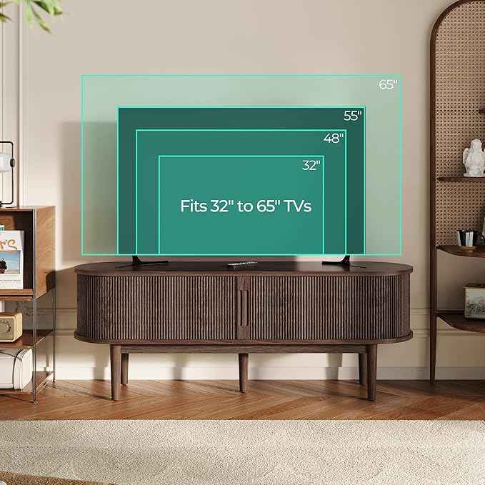 LINSY HOME TV Stand for 65" TV, Mid-Century Modern 58" Entertainment Center with Sliding Tambour Door and Storage Cabinet, Cruved TV Media Console Table for Living Room, Bedroom, Walnut