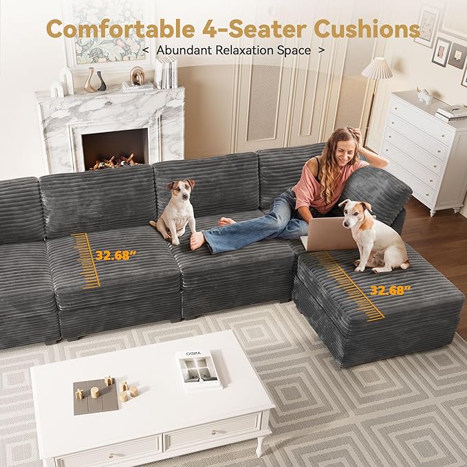 Modular Sectional Sofa with Chaise U Shaped Sectional Couch for Living Room, 8-Seater Comfy Cloud Couches, Plush Corduroy, Gray