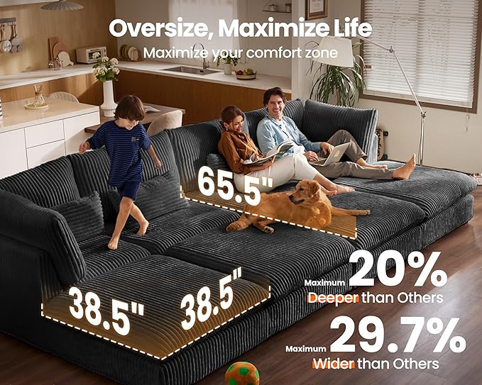 Oversized Modular Sofa, Extra Deep Cloud Corduroy Sectional Couch with Ottoman Chaise, Fluffy Corduroy 5 Seater Sofa Bed for Living Room, Villa (U Shape 5 Seater, Corduroy Black)