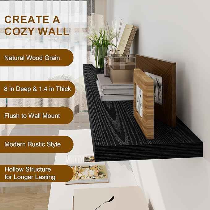 Black Floating Shelves 48 Inch Long, 8 Deep Floating Shelves for Wall, Rustic 48