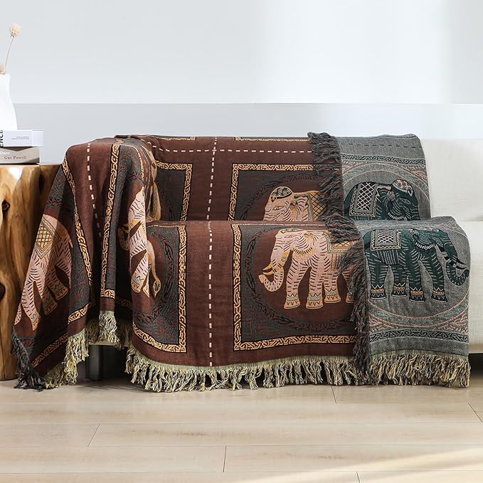 Boho Throw Blanket for Bed with Tassels,100% Cotton Ultra Soft and Cozy Large Blanket Elephant Printed Farmhouse Decor Bed Blankets,80