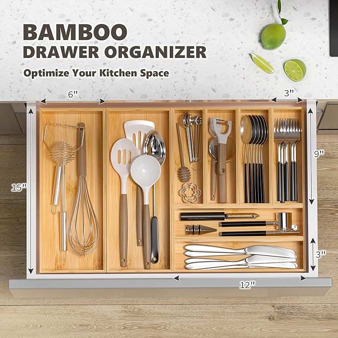 Kitchen Drawer Organizer Bins, Stackable Bamboo Deep Drawer Organizer for Silverware, Utensils, Cutlery, Flatware, Junk Drawer, Dresser, Bathroom, 15
