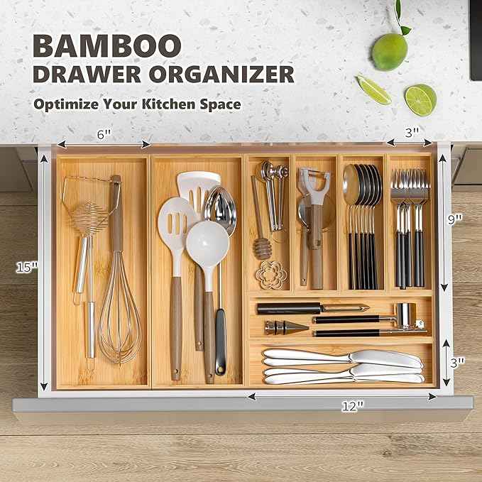 Kitchen Drawer Organizer Tray, Stackable Bamboo Deep Drawer Organizer for Large Silverware, Utensils, Cutlery, Flatware,Junk Drawer, Dresser, Bathroom, 17