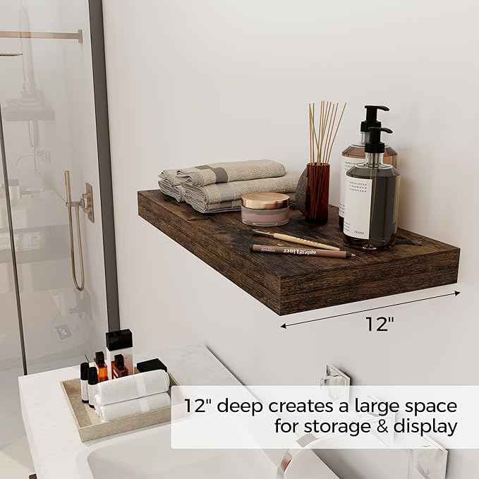 12 Inch Deep Floating Shelves, 24 x 12 Floating Shelf for Books, Rustic Wood Deep Wall Shelves for Home Storage & Display, 2