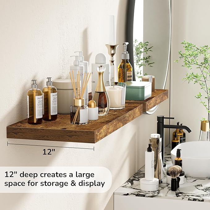 Fun Memories Floating Shelves - 2 Pack 12 Inch Deep Rustic Wooden Wall Shelves - Extra Deeper & Thicker Wall Mounted Storage Shelf for Living Room, Kitchen, Farmhouse - 24