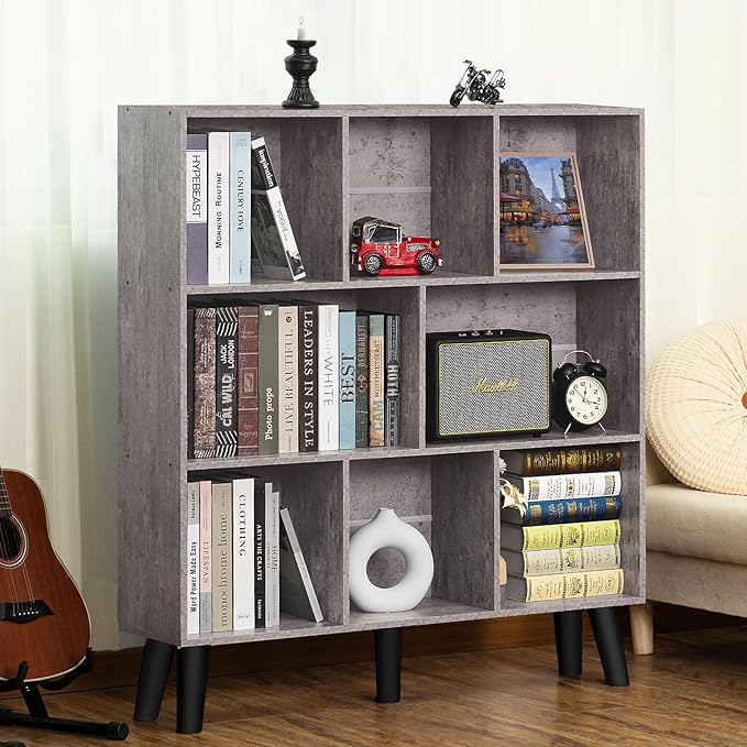 LEYAOYAO 8 Cube Bookshelf,Farmhouse Bookcase with Legs,Modern Dirty Grey Mid-Century Bookshelves,Large 3 Tier Open Storage Organizer Shelf, Retro Wood Display Book Case
