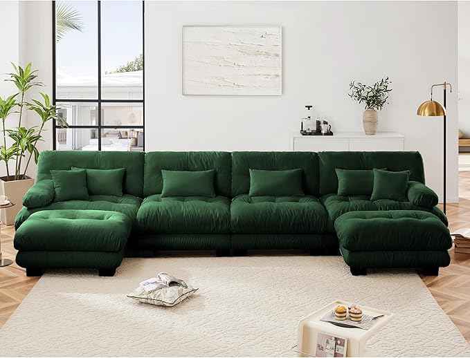 Modular Sectional Sofa, Comfy Cloud Couch 4 Seater Couch with Ottoman, Sectional Couches for Living Room, Modern Chenille U Shaped Couches, Sleeper Deep Seat Sofa with Throw Pillows, Green