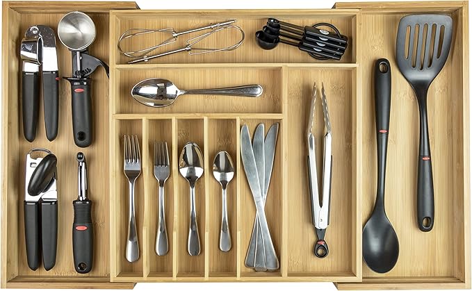 Premium Silverware, Flatware and Utensil Organizer for Kitchen Drawers, Food-Safe Contract Grade, Expandable from 16 to 28 In, Natural Bamboo
