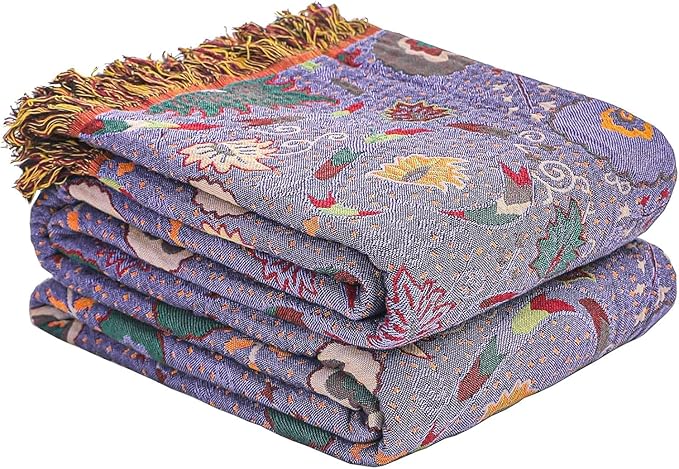 Boho Fall Throw Blanket for Bed Purple Flowers，100% Ultra Cotton Soft Breathable Bed Throw Floral Printed Farmhouse Decor Rustic Bed Throws for Couch Sofa Quilt 90