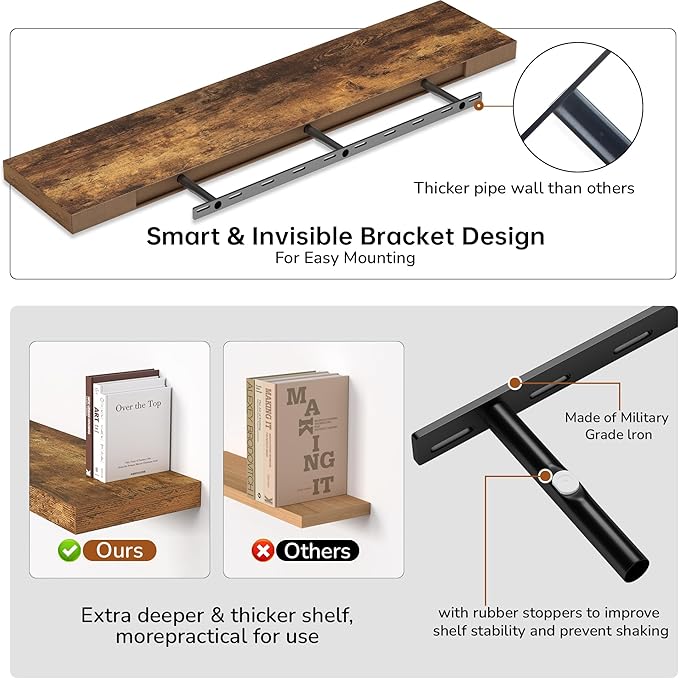 Floating Shelves - 10.23 Inch Deep Wall Shelf for Decor & Storage - Wall Mounted Display Shelving with Invisible Heavy-Duty Metal Bracket - 48