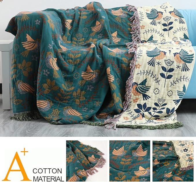 Boho Throw Blanket for Bed Couch 100% Cotton Woven Bed Throws for All Season Lightweight and Soft Cozy Farmhouse Reversible Muslin Decorative Blanket for Travel Picnic, Teal/Cream, 91''x98''