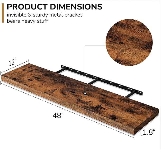 Fun Memories Floating Shelves - 12 Inch Rustic Wooden Wall Shelves - Extra Deeper & Thicker Wall Mounted Storage Shelf for Living Room, Kitchen, Farmhouse - 48