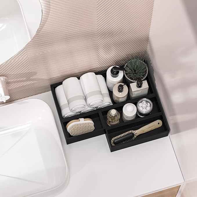 Kitchen Drawer Organizer Bins, Black Bamboo Drawer Organizer Stackable for Silverware, Utensils, Cutlery, Flatware, for Junk Drawer, Dresser, Bathroom, 12