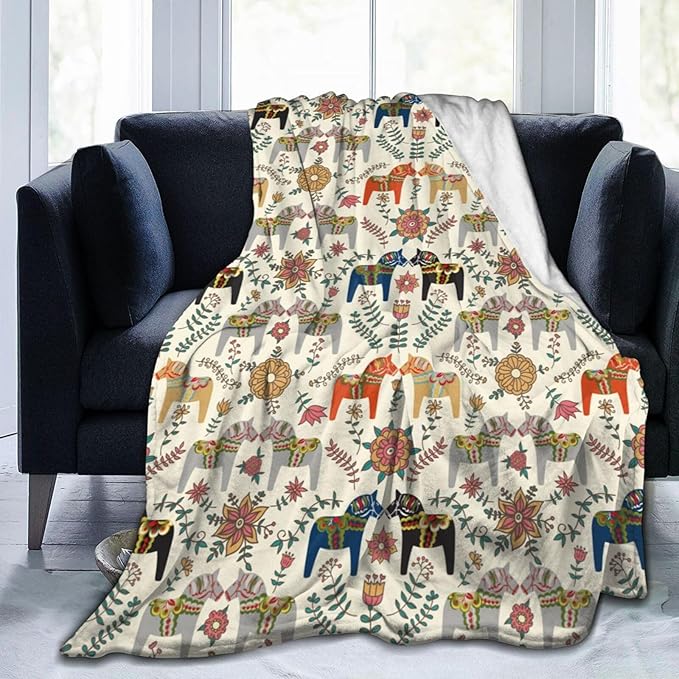 Swedish Dala Horses Throw Blanket Soft Fleece Blanket Men Women Gift for Kids Boys Girls for Party Couch Sofa Bed Deco Blankets 80x60 Inches