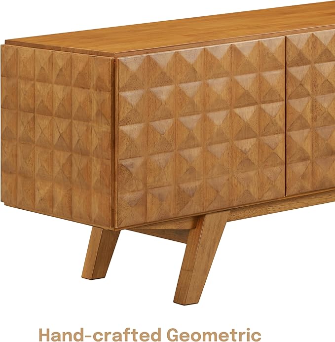 NTC Sapa Mid-Century Modern Solid Wood TV Stand 4-Door Media Console with Carved Geometric Fronts for TVs up to 75