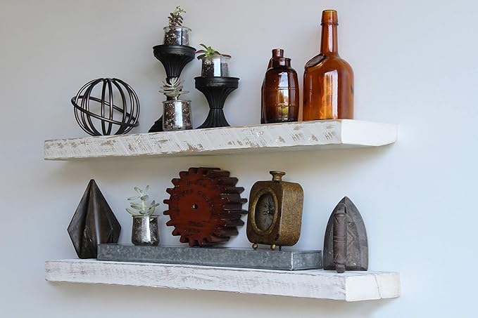 Urban Legacy Reclaimed Barnwood Planks | Floating Shelves for Wall w/Flush Mount Shelf Bracket Set Included | Set of 2 (White Wash, 36
