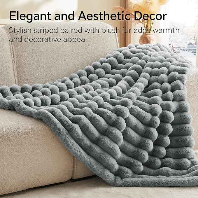 BEDELITE Faux Fur Throw Blanket for Couch, Soft and Cozy Luxurious 3D Striped Fluffy Blanket, 770GSM Thick Warm Plush Fuzzy Faux Rabbit Fur Blanket for Women Gift (Crey, 50