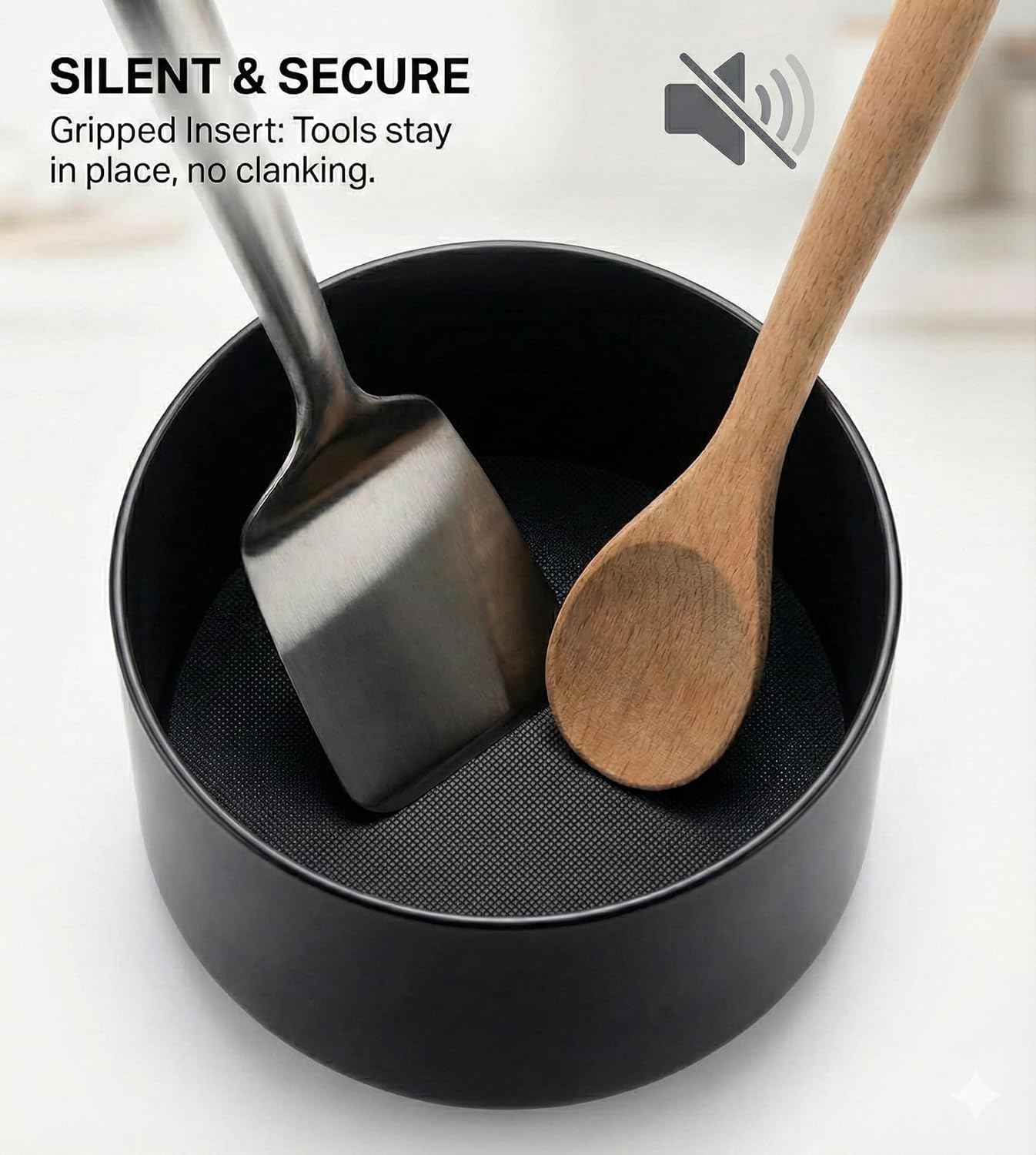 Cooler Kitchen Extra Large and Sturdy Rotating Utensil Holder Caddy with No-Tip Weighted Base, Removable Divider, and Gripped Insert | Rust Proof and Dishwasher Safe