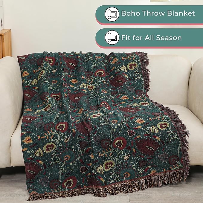 Boho Throw Blanket for Bed,100% Ultra Cotton Soft Breathable Bed Throw Floral Printed Farmhouse Decor Rustic Bed Throws for Couch Sofa Quilt 60