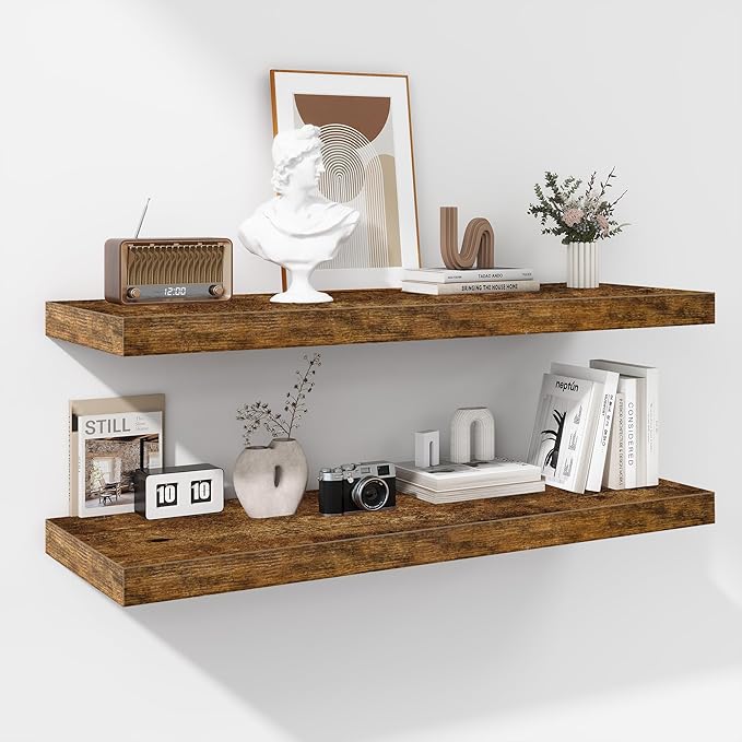 Fun Memories Floating Shelves - 2 Pack 12 Inch Rustic Wooden Wall Shelves - Extra Deeper & Thicker Wall Mounted Storage Shelf for Living Room, Kitchen, Farmhouse - 36