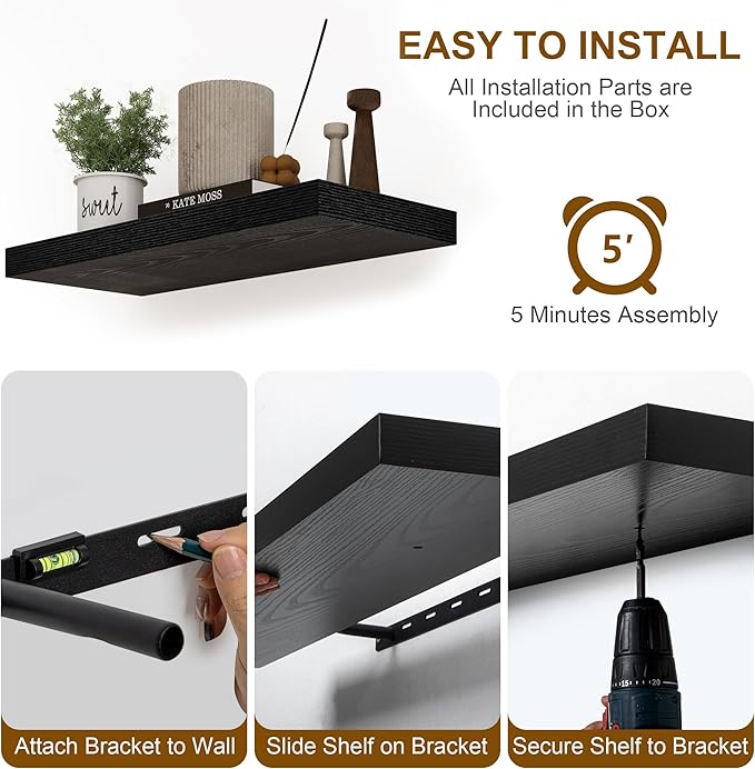 Fun Memories Black Floating Shelves 36 Inch Long, 8 Inch Deep Floating Shelf for Wall, 36