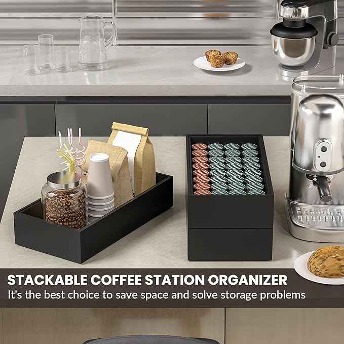 Kitchen Drawer Organizer Bins, Stackable Bamboo Drawer Organizer for Silverware, Coffee Pod Organizer K Cup Holder for Countertop, 2 Pcs Coffee Station Organizer Black 12