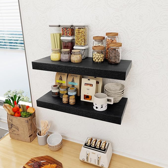 12 Inch Deep Black Floating Shelves, 24 x 12 Floating Shelf for Books, Rustic Wood Deep Wall Shelves for Home Storage & Display, 2