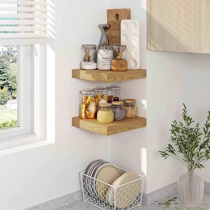 Fun Memories Floating Shelves, 8 Inch Deep Floating Shelves for Wall, 8 x 8 Wall Shelves, Rustic Wood Floating Shelf for Living Room, Bedroom, Bathroom, Oak Color, Set of 2