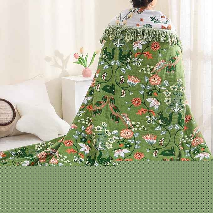 Boho Throw Blanket for Bed, 100% Cotton Ultra Soft Rustic Quilt King Blanket Florals and Animals Printed Farmhouse Decor Large Bed Blankets,90