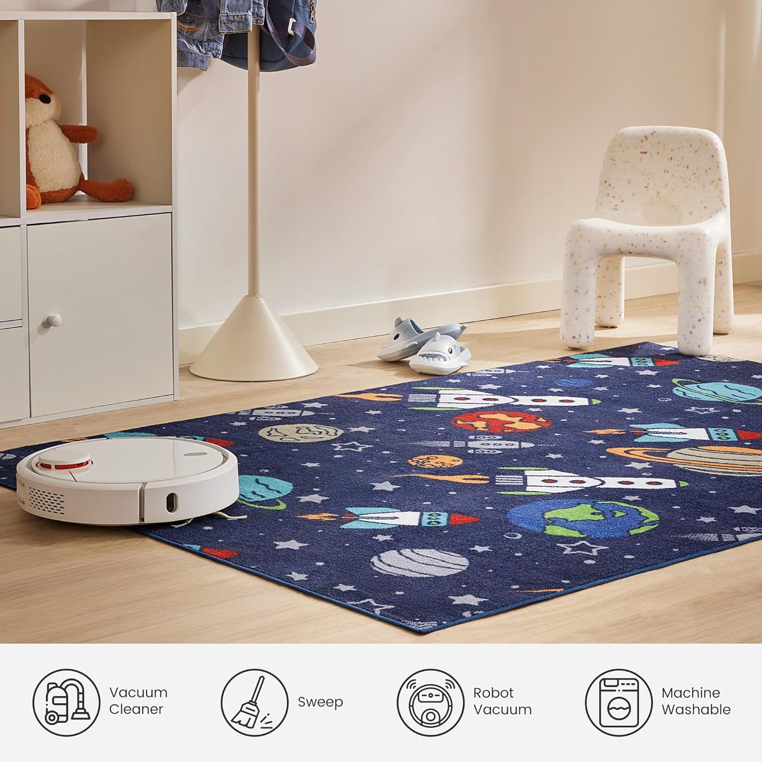 Kids Rugs for Playroom, Non Slip Area Rugs for Bedroom - Rocket Galaxy