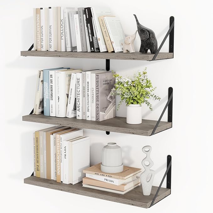 Heimlove Floating Shelves for Wall 24 Inches,8 Inches Deep Wall Bookshelf Mounted Display&Storage Wood Shelves for Kitchen Bathroom Laundry Living Room,Set of 3 (Silver Grey)