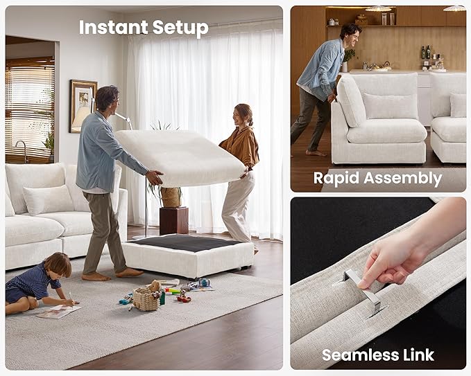 Oversized Modular Sofa, Extra Deep Cloud Chenille Sectional Couch with Ottoman Chaise, Fluffy Chenille 2 Seater Sofa Bed for Living Room, Villa (Loveseat Sofa, Chenille White)