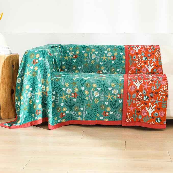 Boho Throw Blanket, 100% Organic Cotton Skin-Friendly Breathable Ultra Soft Bed Quilt Throw - All Season Blue & Red FishFarmhouse Decor Blanket for Sofa Couch Chair and Gift. 60
