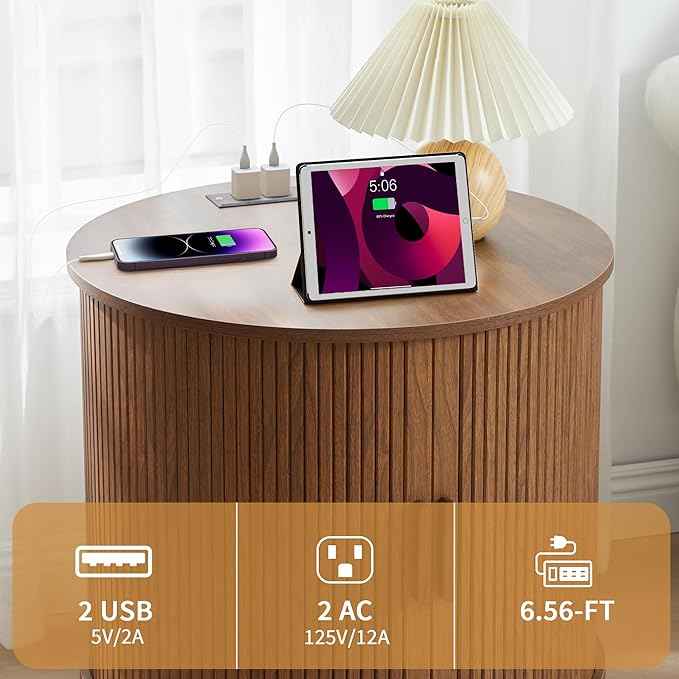 Farmhouse Round End Table with Charging Station, 24