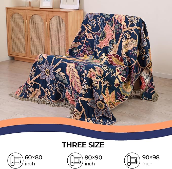 Boho Cotton Throw Blanket - Ultra-Soft Rustic Quilt for Bed, Home Decor & Travel - Large 60