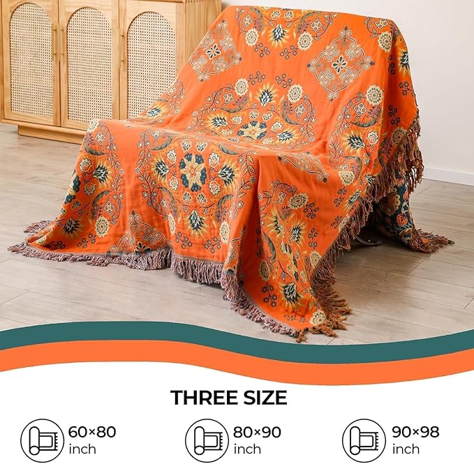Throw Blanket for Couch Bed Chair,100% Cotton Soft Lightweight Blanket Rustic Quilt -Orange Floral Printed Farmhouse Decor Bed All Season Blankets,80