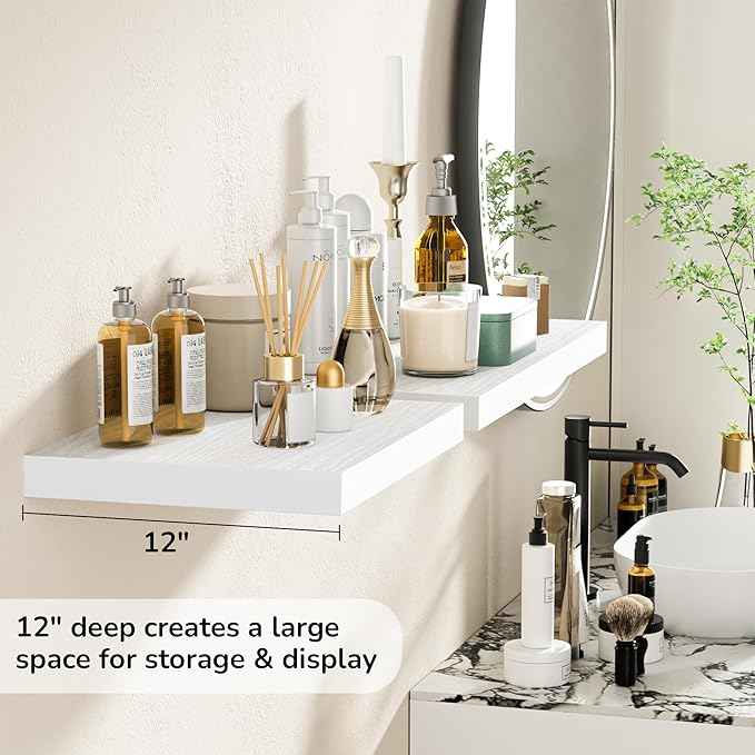 Fun Memories Floating Shelves - 2 Pack 12 Inch Deep Rustic Wooden Wall Shelves - Extra Deeper & Thicker Wall Mounted Storage Shelf for Living Room, Kitchen, Farmhouse - 16" W x 12" D x 1.5" H - White