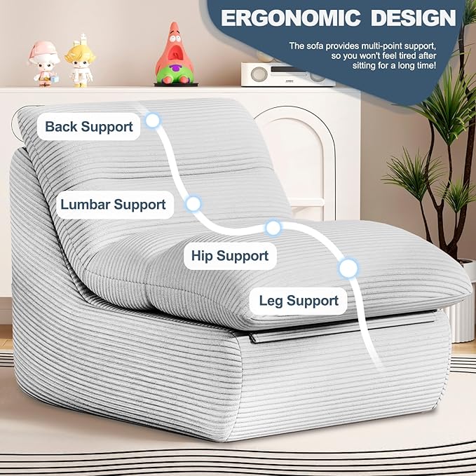 Misolant Bean Bag Chairs，Big Corduroy Fabric Sofa Bean Bag Chair for Adults and Teens with High-Resilience Sponge, Non-Slip Base Floor Lounge Sofa for Home, Living Room, Bedroom, Gaming Light Gray