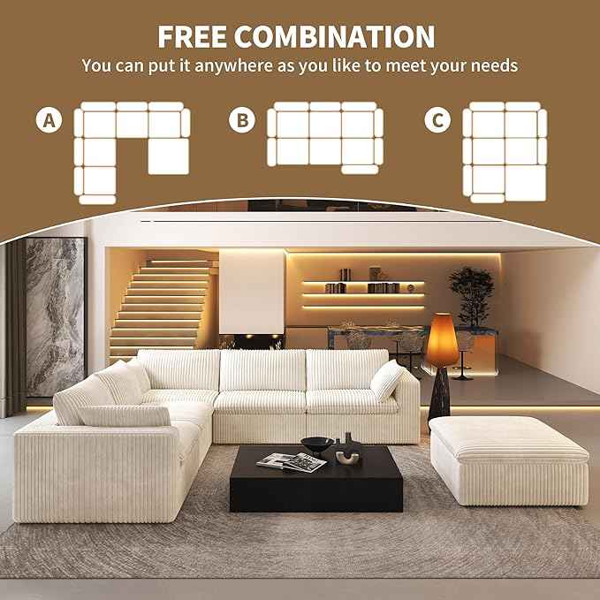118" 6-Seater Cloud Sofa,Modular Sectional Couch with Ottoman,Modern Deep Seat Upholstered Couches with Plush Corduroy Fabric for Living Room Furniture,Bedroom and Apartment,No Assembly Required,White
