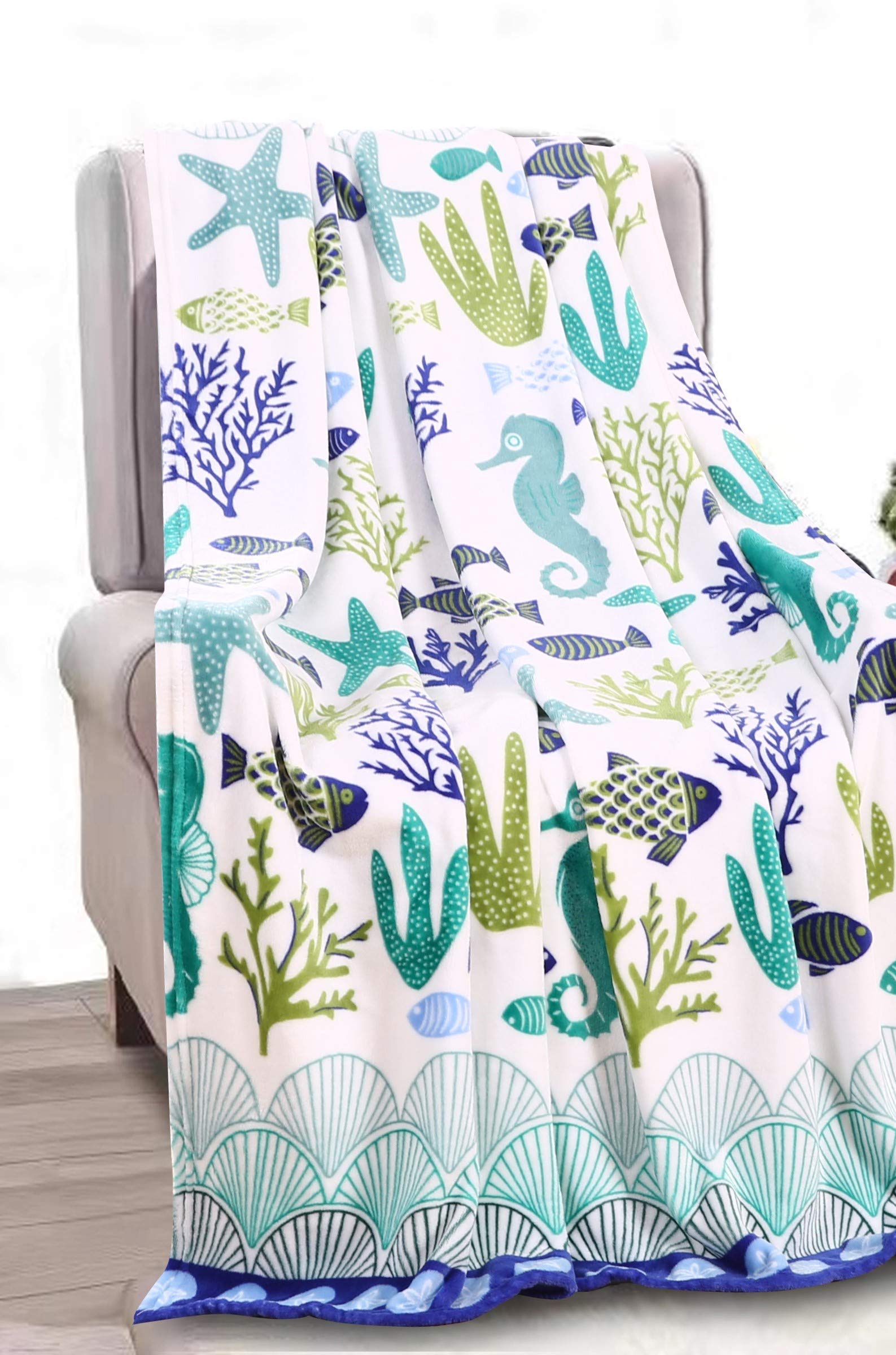 Decor & More Corales de Marina Blue Coral Seahorse Oceanic Microplush Throw Blanket Ocean Blanket for Boys and Girls and Kids of Any Age (50