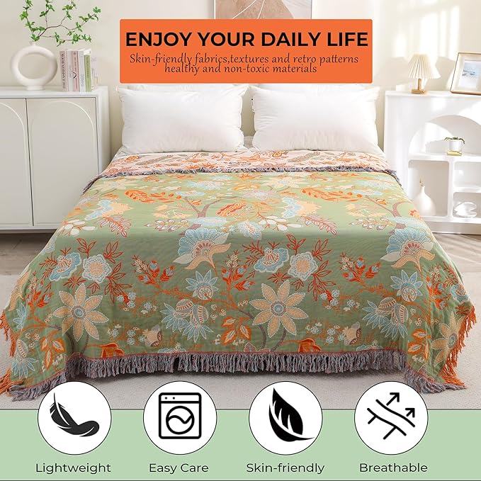 Boho Throw Blanket for Bed-Soft Cotton Rustic Quilt 80