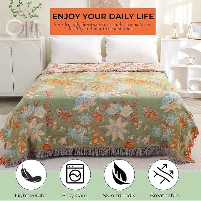 Boho Fall Throw Blanket for Bed，100% Ultra Cotton Soft Breathable Bed Throw Floral Printed Farmhouse Decor Rustic Bed Throws for Couch Sofa Quilt 90