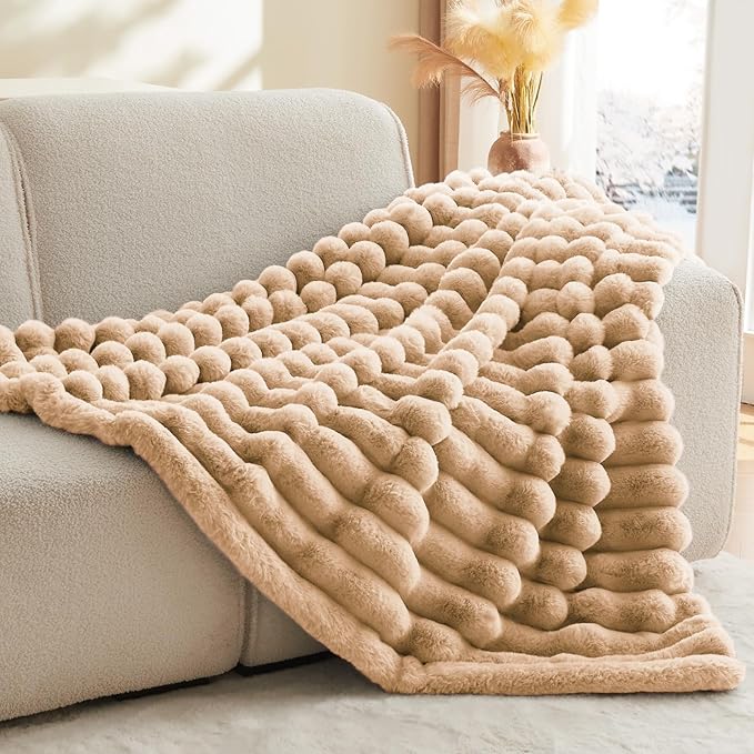 BEDELITE Faux Fur Throw Blanket for Couch, Soft and Cozy Luxurious 3D Striped Fluffy Blanket, 770GSM Thick Warm Plush Fuzzy Faux Rabbit Fur Blanket for Women Gift (Brown, 50