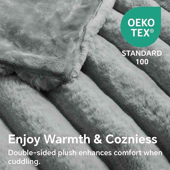 BEDELITE Faux Fur Throw Blanket for Couch, Soft and Cozy Luxurious 3D Striped Fluffy Blanket, 770GSM Thick Warm Plush Fuzzy Faux Rabbit Fur Blanket for Women Gift (Crey, 50