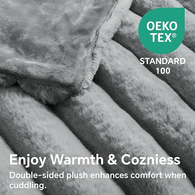 BEDELITE Faux Fur Throw Blanket for Couch, Soft and Cozy Luxurious 3D Striped Fluffy Blanket, 770GSM Thick Warm Plush Fuzzy Faux Rabbit Fur Blanket for Women Gift (Crey, 60