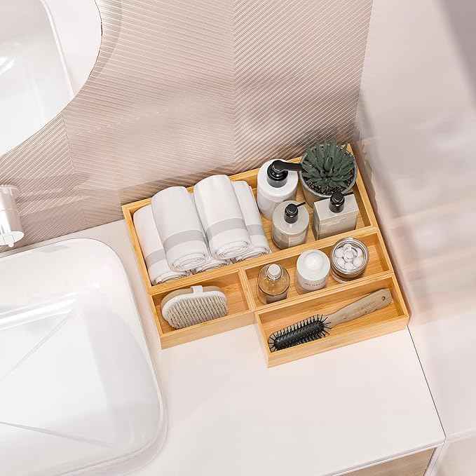 Kitchen Drawer Organizer Bins, Stackable Bamboo Deep Drawer Organizer for Silverware, Utensils, Cutlery, Flatware, Junk Drawer, Dresser, Bathroom, 6