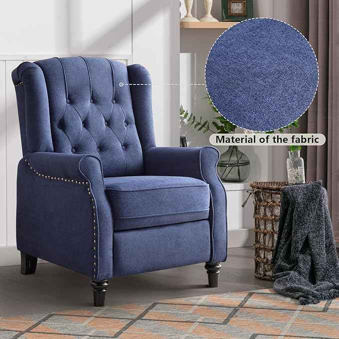 CANMOV Push Back Recliner Chair,Accent Chair, Mid Century Wingback Recliner, Fabric Push Back Recliner Chair Single Armchair Sofa with Rivet Decoration, Button-Tufted Back for Living Room,Dark Blue