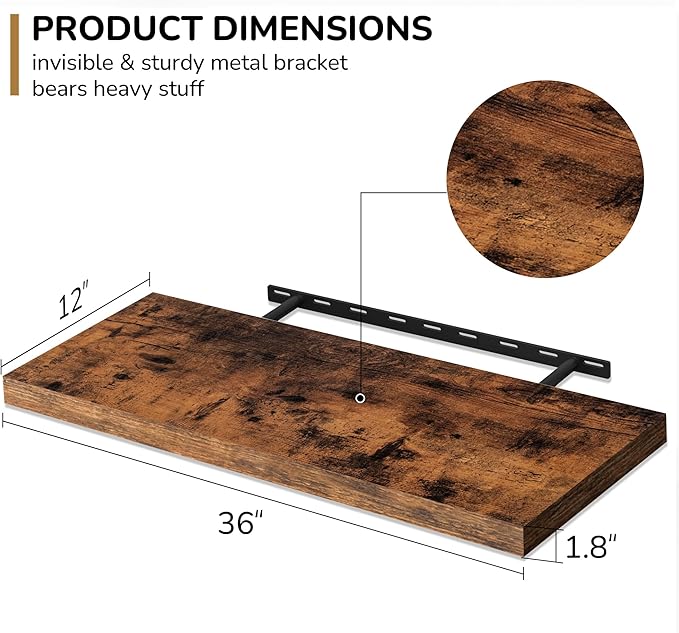 Fun Memories Floating Shelves - 2 Pack 12 Inch Rustic Wooden Wall Shelves - Extra Deeper & Thicker Wall Mounted Storage Shelf for Living Room, Kitchen, Farmhouse - 36