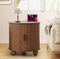 AVZEAR 24" Large Round End Table with Charging Station, Farmhouse Fluted Sofa Side Table with Sliding Tambour Door & Storage, Mid-Century Wood Nightstand for Living Room, Bedroom, Walnut